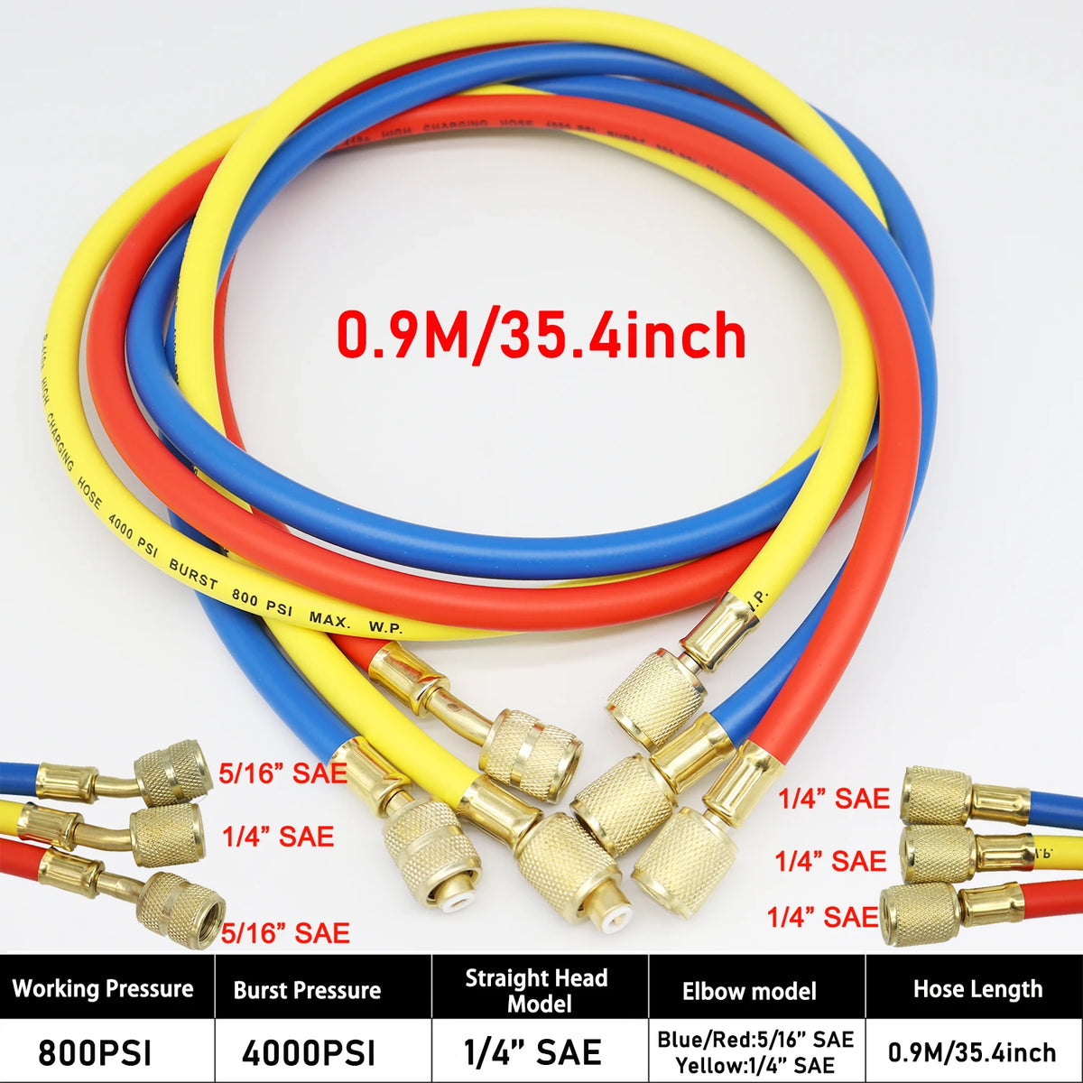 Jeu de flexibles de manomètre pour réfrigérant R410a, filetage 1/4 "SAE-5/16 SAE
