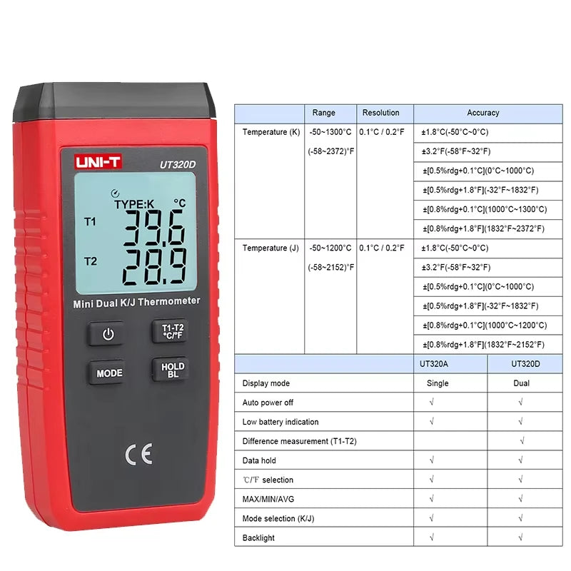 Thermomètre Industriel UT320A/UT320D – Double Sonde K/J Haute Précision