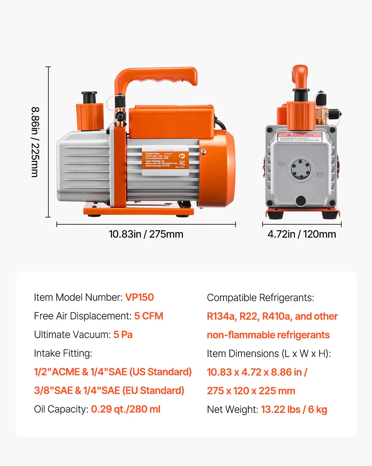 Pompe à vide et bouteille 3,5CFM/5CFM 1 étage ou 6CFM 9CFM 2 étages