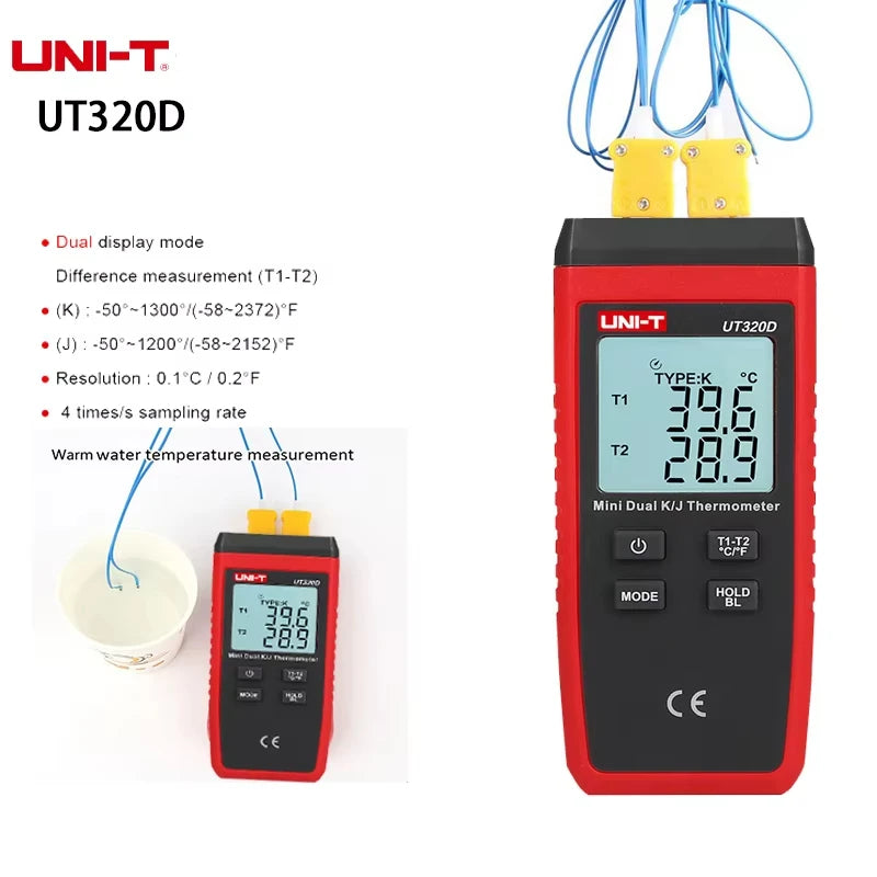 Thermomètre Industriel UT320A/UT320D – Double Sonde K/J Haute Précision