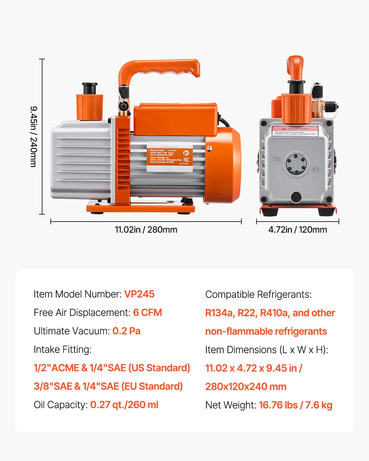 Pompe à vide et bouteille 3,5CFM/5CFM 1 étage ou 6CFM 9CFM 2 étages